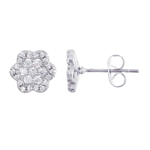 Silver Plated CZ Flower Halo Stud Earrings