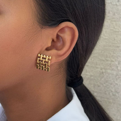 Tarnish Resistant 18k Gold Plated Grid Studs