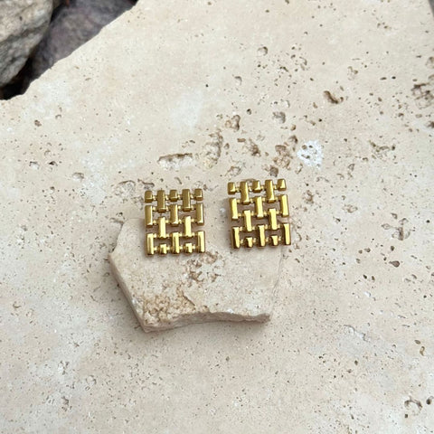 Tarnish Resistant 18k Gold Plated Grid Studs