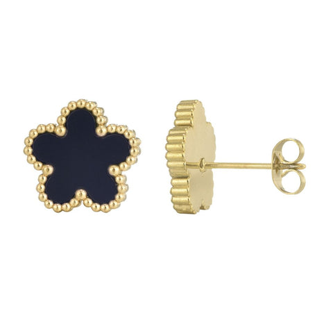 Tarnish Resistant 18k Gold Plated Black 5-Leaf Clover Stud Earrings