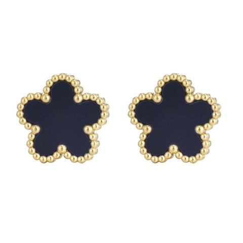 Tarnish Resistant 18k Gold Plated Black 5-Leaf Clover Stud Earrings