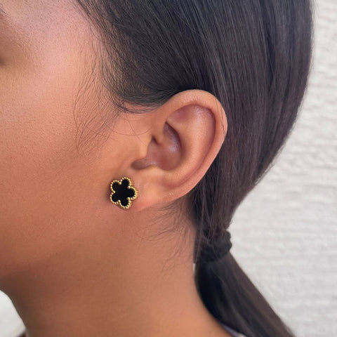 Tarnish Resistant 18k Gold Plated Black 5-Leaf Clover Stud Earrings
