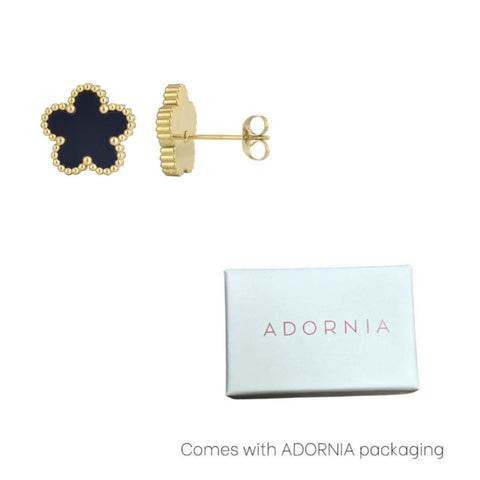 Tarnish Resistant 18k Gold Plated Black 5-Leaf Clover Stud Earrings
