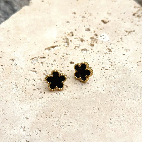 Tarnish Resistant 18k Gold Plated Black 5-Leaf Clover Stud Earrings