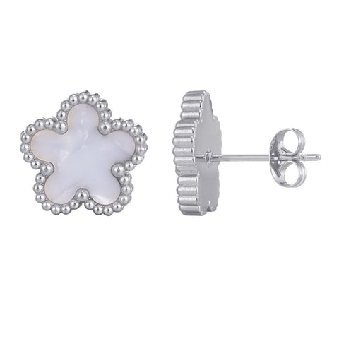 Tarnish Resistant Silver Plated Mother of Pearl 5-Leaf Clover Stud Earrings