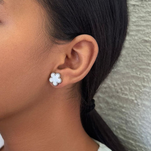 Tarnish Resistant Silver Plated Mother of Pearl 5-Leaf Clover Stud Earrings