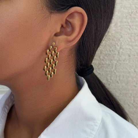 Tarnish Resistant 18k Gold Plated Grid Drop Earrings