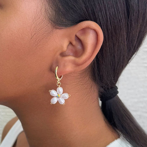 14k Gold Plated Pearl Flower Huggie Earrings
