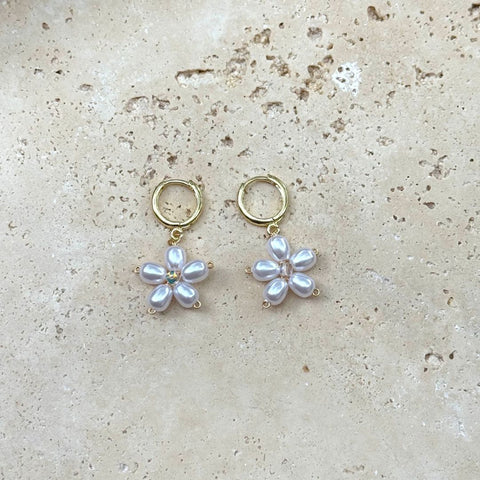 14k Gold Plated Pearl Flower Huggie Earrings