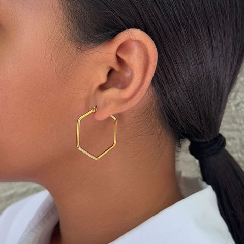 Tarnish Resistant 18k Gold Plated Hexagon Hoop Earrings