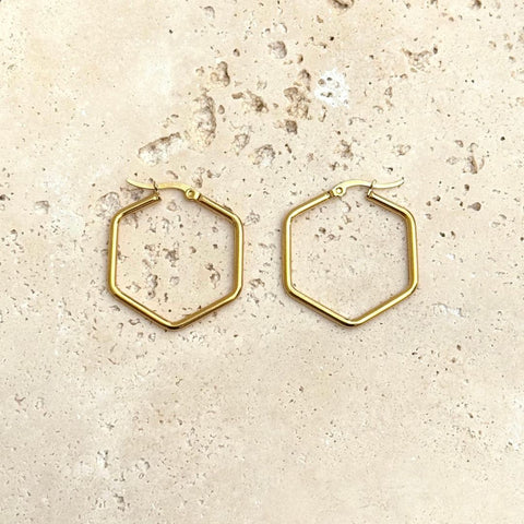 Tarnish Resistant 18k Gold Plated Hexagon Hoop Earrings