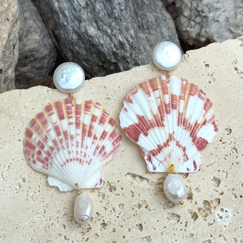 Pink Shell and Shell Pearl 3-Drop Earrings