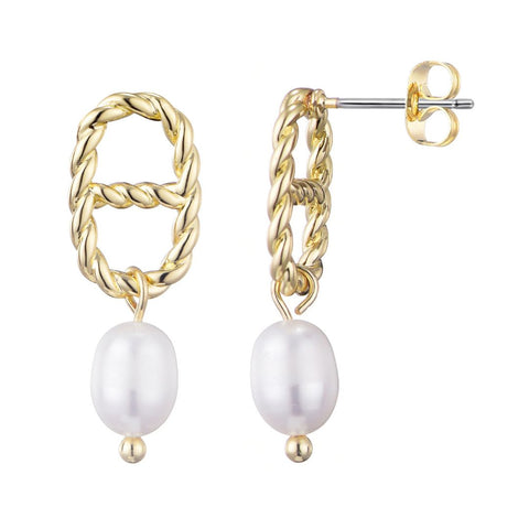 14k Gold Plated Freshwater Pearl Mariner Link Drop Earrings