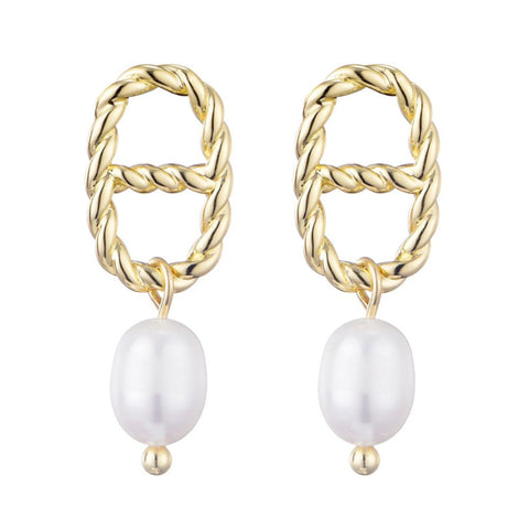 14k Gold Plated Freshwater Pearl Mariner Link Drop Earrings