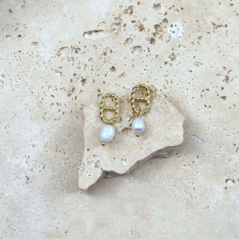 14k Gold Plated Freshwater Pearl Mariner Link Drop Earrings