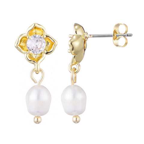 14k Gold Plated Freshwater Pearl Crystal Flower Earrings