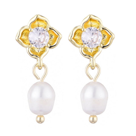 14k Gold Plated Freshwater Pearl Crystal Flower Earrings