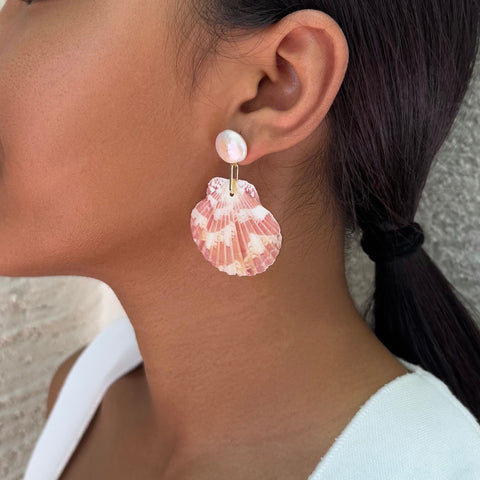 Pink Shell and Shell Pearl 2-Drop Earrings