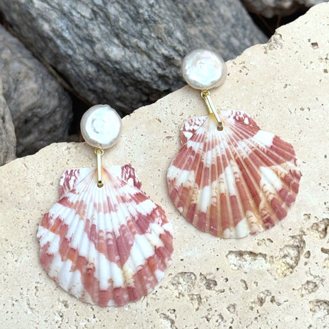 Pink Shell and Shell Pearl 2-Drop Earrings