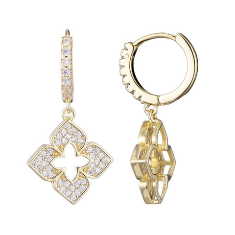 14k Gold Plated CZ Pointed Clover Drop Huggie Hoop Earrings