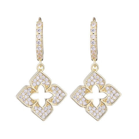 14k Gold Plated CZ Pointed Clover Drop Huggie Hoop Earrings