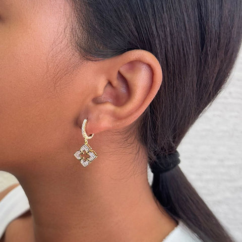 14k Gold Plated CZ Pointed Clover Drop Huggie Hoop Earrings