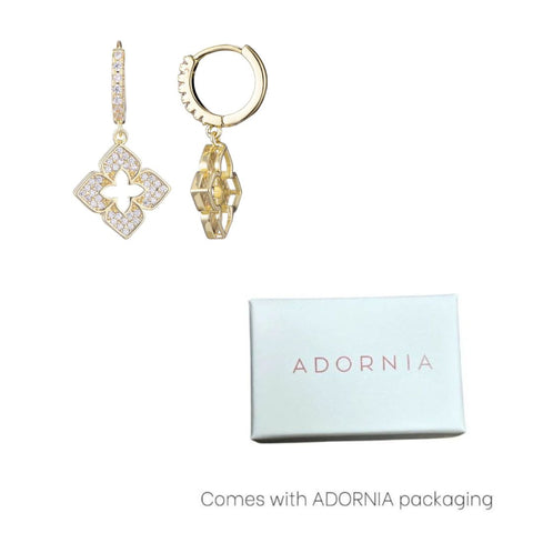 14k Gold Plated CZ Pointed Clover Drop Huggie Hoop Earrings