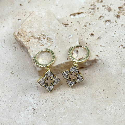 14k Gold Plated CZ Pointed Clover Drop Huggie Hoop Earrings