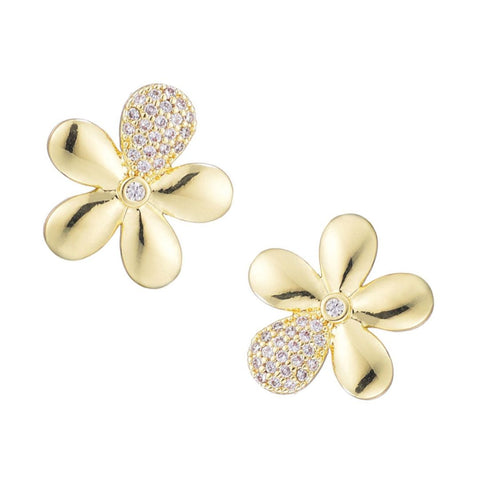 14k Gold Plated CZ Flower Petal Stud Earrings