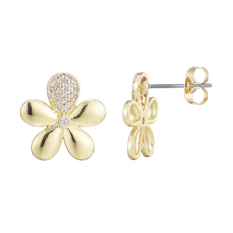 14k Gold Plated CZ Flower Petal Stud Earrings