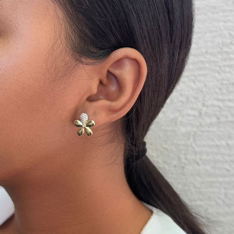 14k Gold Plated CZ Flower Petal Stud Earrings