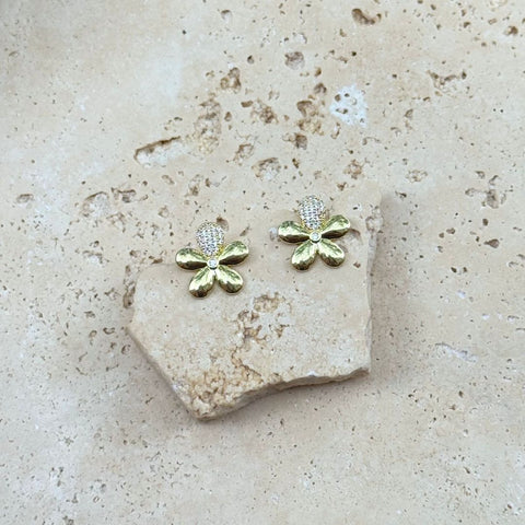 14k Gold Plated CZ Flower Petal Stud Earrings