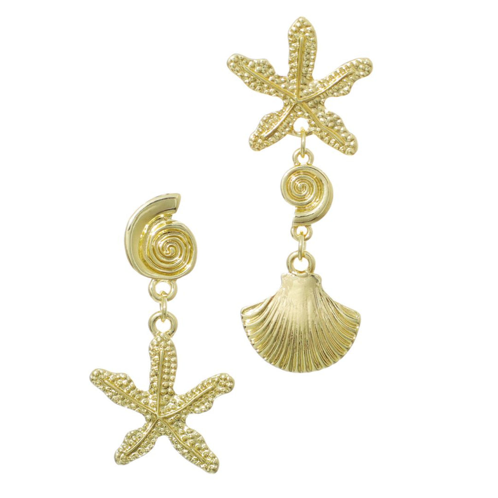 Gold Plated Starfish and Shell Drop Earrings