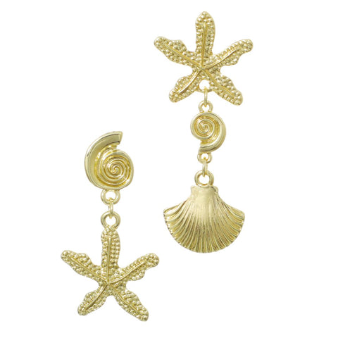 Gold Plated Starfish and Shell Drop Earrings