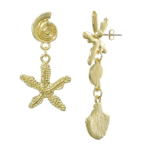 Gold Plated Starfish and Shell Drop Earrings