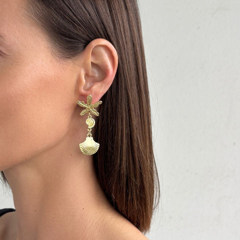 Gold Plated Starfish and Shell Drop Earrings