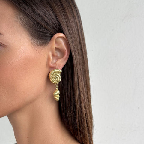 Gold Plated Swirl and Shell Drop Earrings
