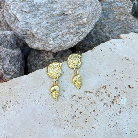 Gold Plated Swirl and Shell Drop Earrings