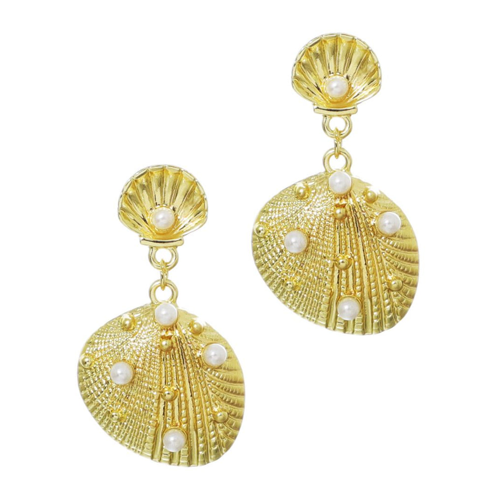 Gold Plated Pearl-Studded Shell Drop Earrings