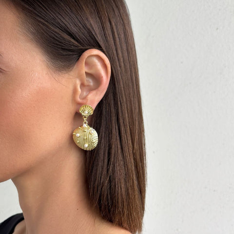 Gold Plated Pearl-Studded Shell Drop Earrings