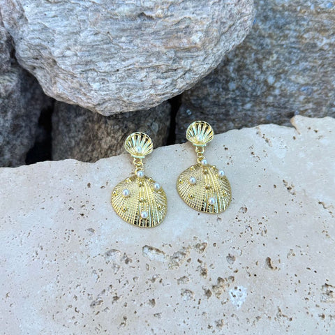 Gold Plated Pearl-Studded Shell Drop Earrings