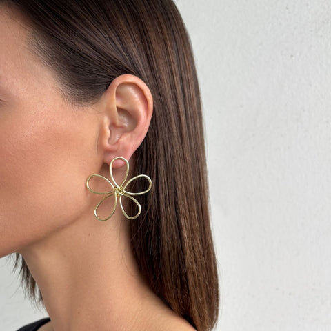 Gold Plated Oversized Flower Outline Statement Earrings