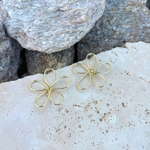 Gold Plated Oversized Flower Outline Statement Earrings