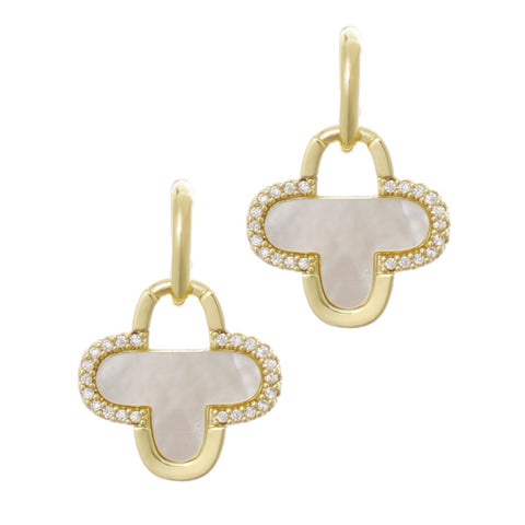 14k Gold Plated Mother of Pearl and CZ Clover Drop Earrings
