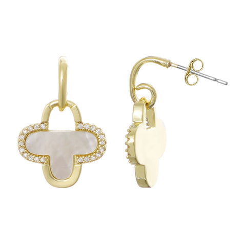 14k Gold Plated Mother of Pearl and CZ Clover Drop Earrings