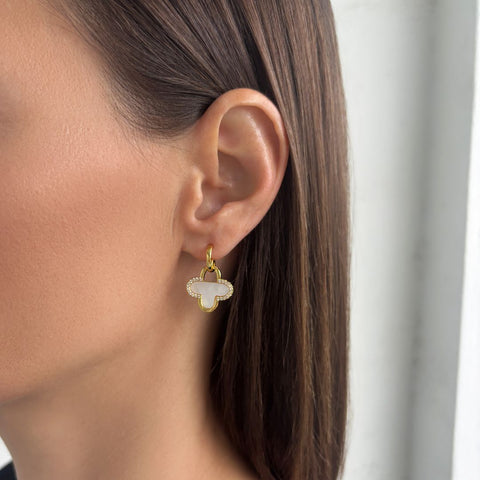 14k Gold Plated Mother of Pearl and CZ Clover Drop Earrings
