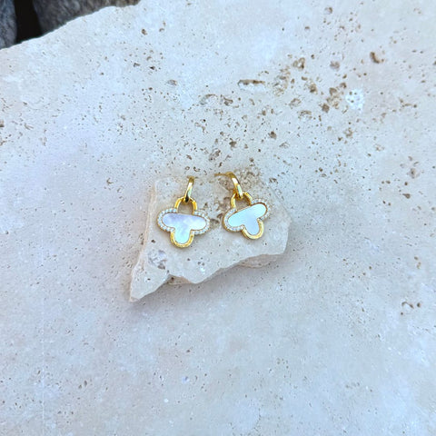 14k Gold Plated Mother of Pearl and CZ Clover Drop Earrings