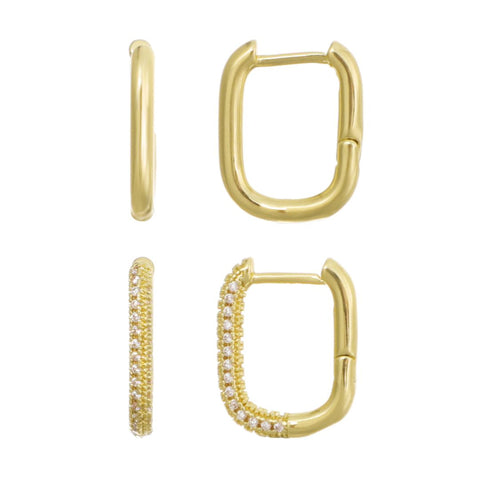 14k Gold Plated CZ 2-Piece Rectangle Huggie Earring Set