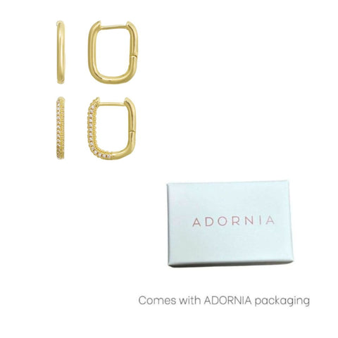 14k Gold Plated CZ 2-Piece Rectangle Huggie Earring Set