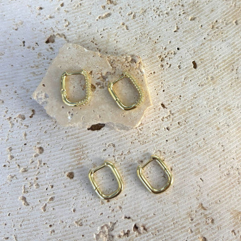 14k Gold Plated CZ 2-Piece Rectangle Huggie Earring Set
